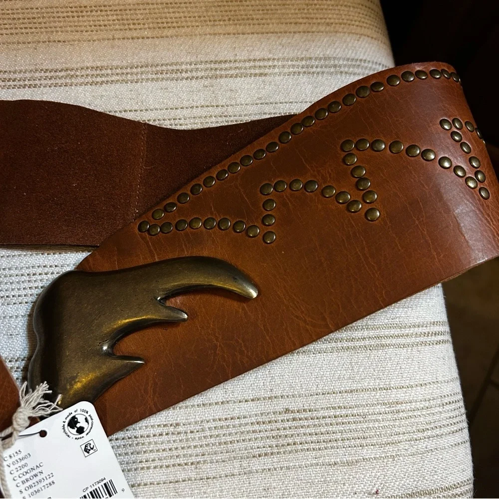 NWT Free People Adorn Studded Leather Waist Belt Cognac